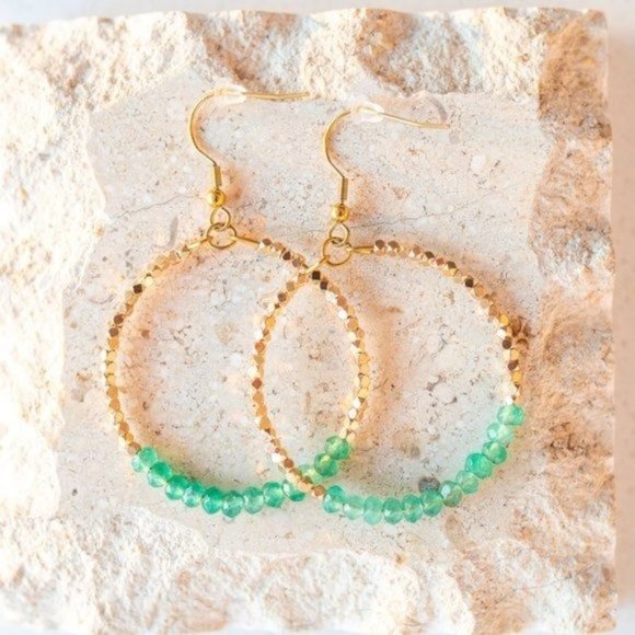 Sparkly Green Beaded Hoops Gemstone Hoops Waterproof and Non-tarnish jewelry - Picture 2 of 5